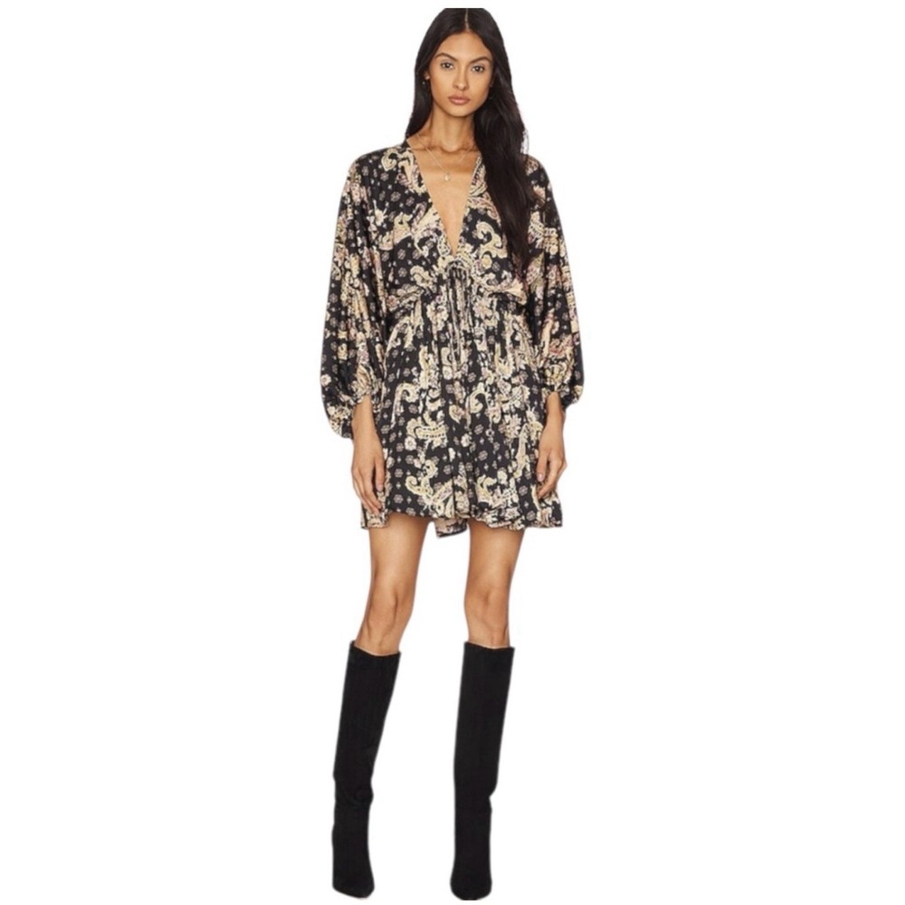 Free People Arzel Mini Dress Black Combo Paisley Festival Boho V Neck XS - Picture 2 of 16